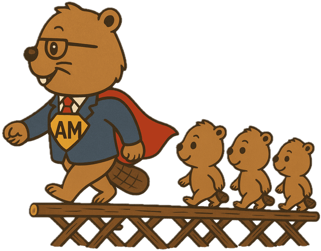 AgentMan leading beavers across a bridge